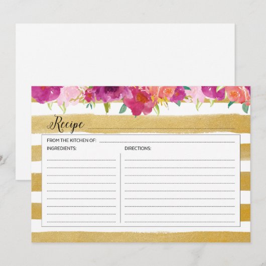 Rosa Blumenkarte und Gold Rezept Karte (Vorne/Hinten)