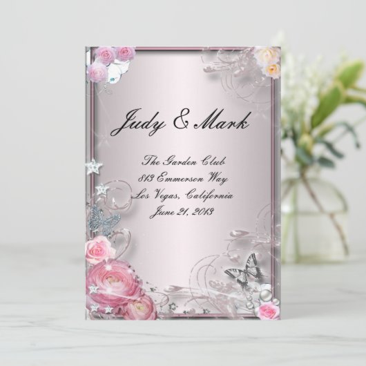 Rosa Blumenkarte und Hochzeitkarte für Schmetterli Menükarte (Stehend Vorderseite)