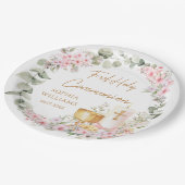 Rosa Blumenkelch Erstkommunionfeier Pappteller (Schrägansicht)