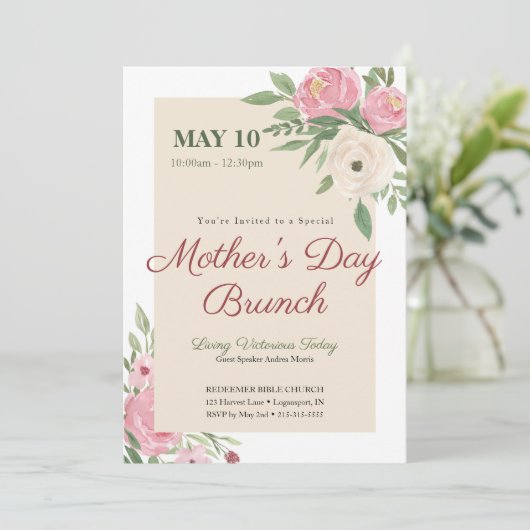 Rosa Blumenkirche Muttertag Brunch Einladung (Stehend Vorderseite)