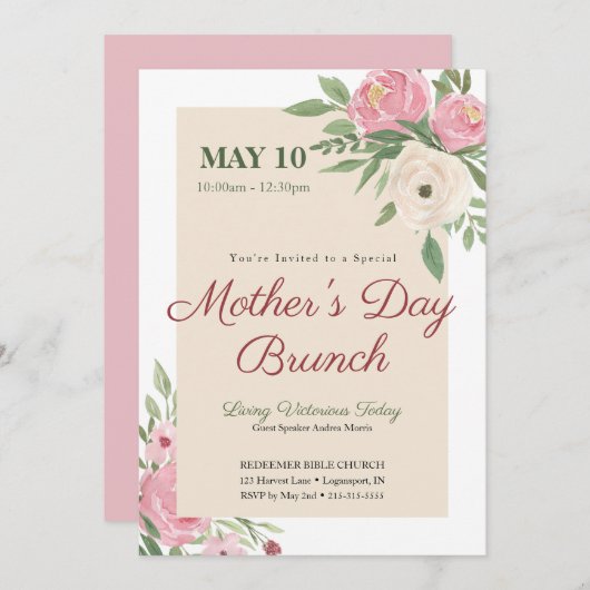 Rosa Blumenkirche Muttertag Brunch Einladung (Vorne/Hinten)