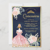 Rosa Blumenkleid Navy Blue Gold Quinceanera Einladung (Vorderseite)