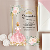 Rosa Blumenkleid Princess Gold Quinceanera Acryleinladungen