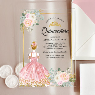 Rosa Blumenkleid Princess Gold Quinceanera Acryleinladungen