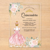 Rosa Blumenkleid Princess Gold Quinceanera Acryleinladungen (Vorderseite)