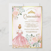 Rosa Blumenkleid Princess Gold Quinceanera Einladung (Vorderseite)