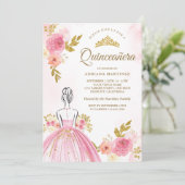 Rosa Blumenkleid Princess Gold Quinceanera Einladung (Stehend Vorderseite)
