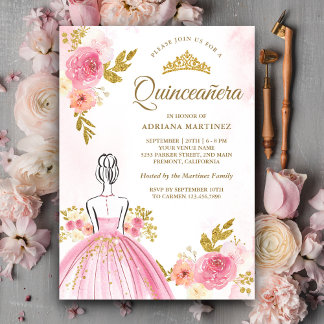 Rosa Blumenkleid Princess Gold Quinceanera Einladung