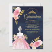 Rosa Blumenkleid Princess Navy Blue Quinceanera Einladung (Vorderseite)