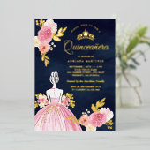 Rosa Blumenkleid Princess Navy Quinceanera Gold Folieneinladung (Stehend vorne)