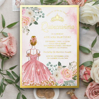 Rosa Blumenkleid Princess Quinceanera Gold Folieneinladung