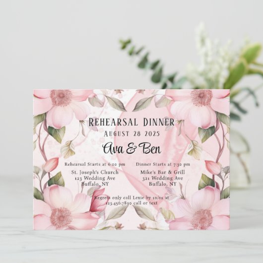 Rosa Blumenkohl Probe Abendessen Einladung (Stehend Vorderseite)