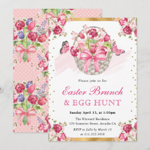 Rosa Blumenkorb und Schmetterlinge Osterbrunch Einladung