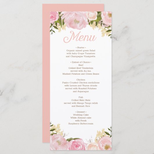 Rosa Blumenkost Brautparty Hochzeit Menükarte (Vorne/Hinten)