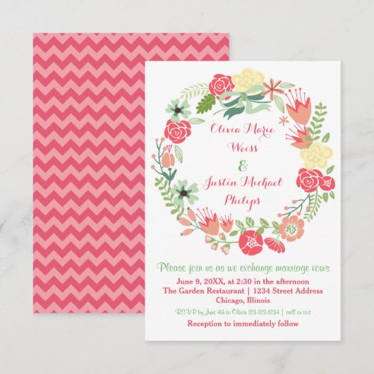 Rosa BlumenKranz - Einladung der Hochzeits-3x5 (Vorne/Hinten)