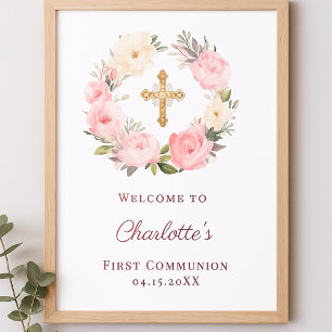 Rosa Blumenkranz Erstkommunion Willkommen Poster
