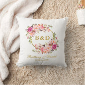 Rosa BlumenKranz-Goldmonogramm-Hochzeit Kissen (Decke)