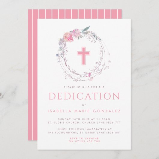 Rosa Blumenkranz & Kreuz Baby Dedication Einladung (Vorne/Hinten)