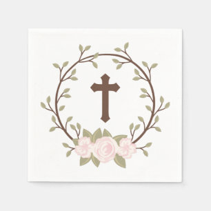 Rosa BlumenKranz-Kreuz-Taufe-Taufe Serviette