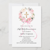 Rosa Blumenkranz Kreuzmädchen Erste Kommune Einladung (Vorderseite)