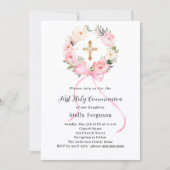 Rosa Blumenkranz Kreuzmädchen Erste Kommune Einladung (Vorderseite)