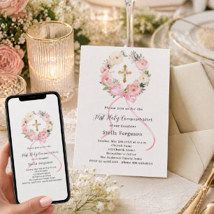Rosa Blumenkranz Schleife Kreuz Mädchen Erstkommun Einladung