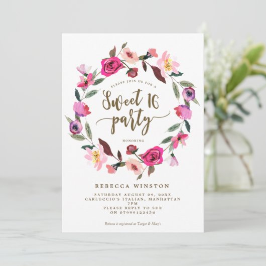 Rosa Blumenkranz süße 16 Party laden ein Einladung (Stehend Vorderseite)