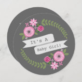 Rosa BlumenKranz-u. Fahnen-Mädchen-runde Babyparty Einladung (Vorne/Hinten)