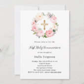 Rosa Blumenkranz über Mädchen Erste Kommune Einladung (Vorderseite)