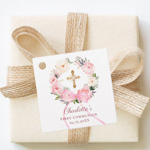 Rosa Blumenkranzbogen Erstkommunion DIY Geschenkanhänger
