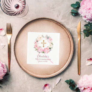 Rosa Blumenkranzschleife Erstkommunion Serviette