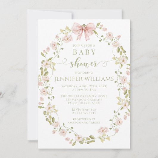 Rosa Blumenkraut Babymädchendusche Einladung (Vorderseite)
