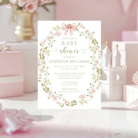 Rosa Blumenkraut Babymädchendusche Einladung