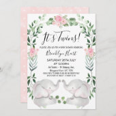 Rosa Blumenkreide Elefanten Zwillingsdusche Einladung (Vorne/Hinten)