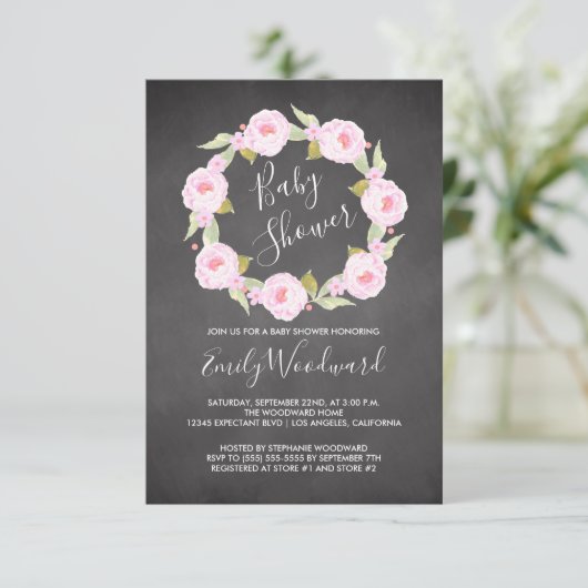 Rosa Blumenkreide Kinderspüle Dusche Einladung (Stehend Vorderseite)