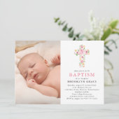 Rosa Blumenkreuz Foto Einladung (Stehend Vorderseite)