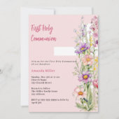 Rosa Blumenkreuz Mädchen Erste Kommune Einladung (Vorderseite)