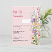 Rosa Blumenkreuz Mädchen Erste Kommune Einladung (Stehend Vorderseite)