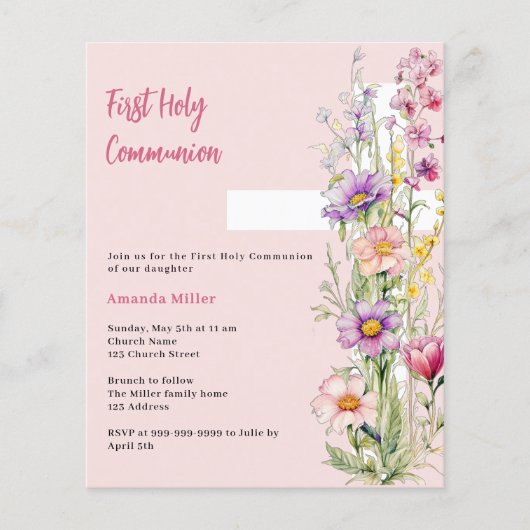 Rosa Blumenkreuz Mädchen Erste Kommunion Einladung (Vorderseite)
