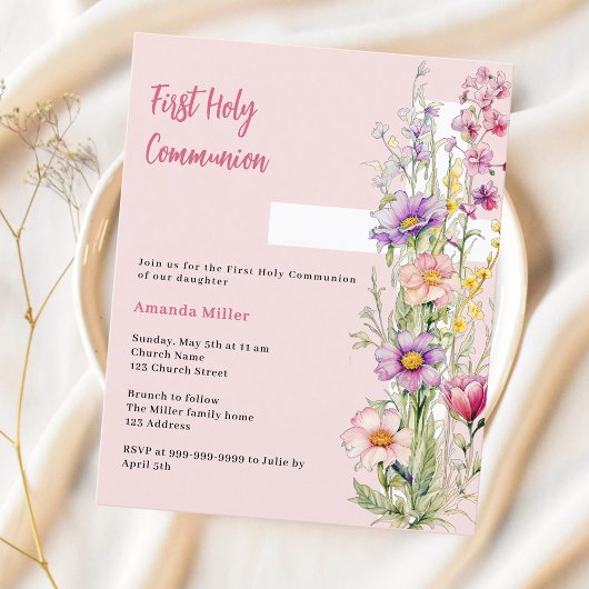 Rosa Blumenkreuz Mädchen Erste Kommunion Einladung