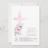 Rosa Blumenkreuz Moderne Taufe Einladung (Vorderseite)