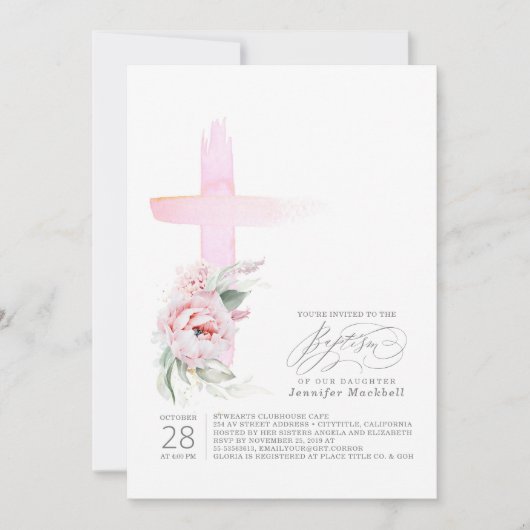 Rosa Blumenkreuz Moderne Taufe Einladung (Vorderseite)