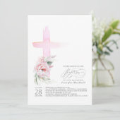 Rosa Blumenkreuz Moderne Taufe Einladung (Stehend Vorderseite)