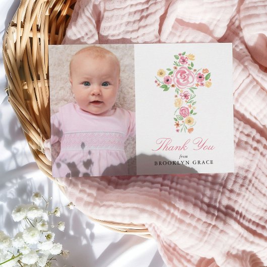Rosa Blumenkreuz Taufe / Christening Vielen Dank Postkarte