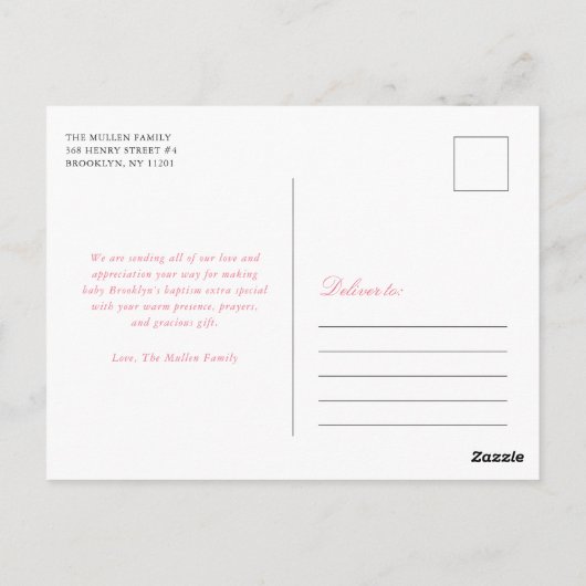 Rosa Blumenkreuz Taufe / Christening Vielen Dank Postkarte (Rückseite)