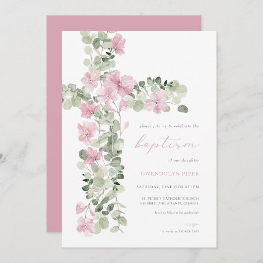 Rosa Blumenkreuz Taufe Einladung (Vorne/Hinten)