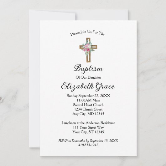 Rosa Blumenkreuz Taufe zur Feier der Einladung (Vorderseite)