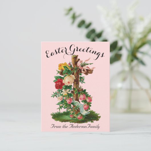 Rosa Blumenkreuz Vintag Ostern Religiös Postkarte (Stehend Vorderseite)