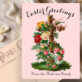 Rosa Blumenkreuz Vintag Ostern Religiös Postkarte