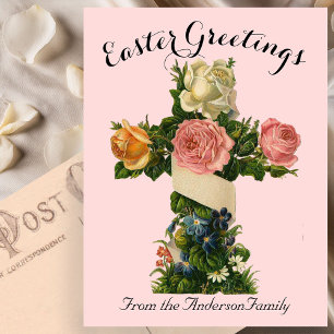 Rosa Blumenkreuz Vintag Ostern Religiös Postkarte